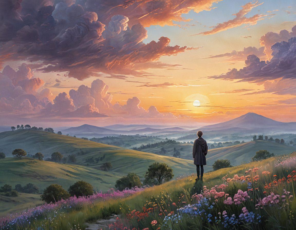 A serene landscape depicting a blend of somber colors transitioning into vibrant blooming flowers to symbolize growth from grief. In the foreground, a figure stands contemplative, silhouetted against a rising sun that represents hope and transformation. Soft clouds float above, hinting at the emotional journey. The background features gentle hills fading into a horizon that suggests endless possibilities. painterly. soft pastels. ethereal lighting.