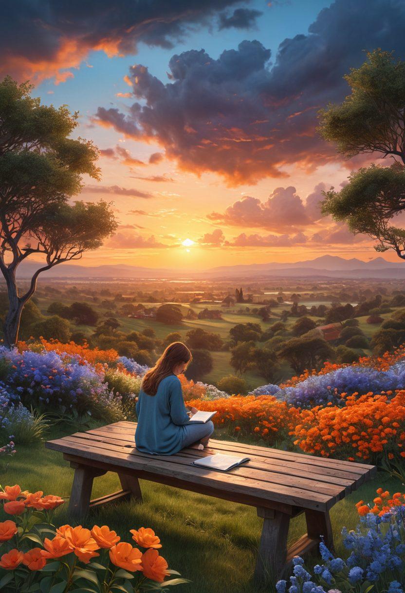 A serene landscape transitioning from stormy dark clouds symbolizing heartache to a bright sunrise reflecting hope and healing. In the foreground, a person sitting peacefully on a bench, journaling and surrounded by blooming flowers representing new beginnings. Soft hues of blue and warm oranges to convey emotional growth. super-realistic. vibrant colors. 3D.